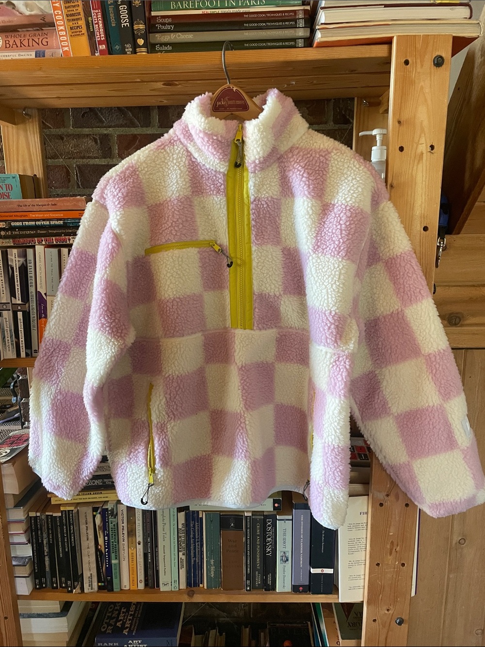 Levi's Pink and White Checkered Sherpa Pullover with Yellow Zippers